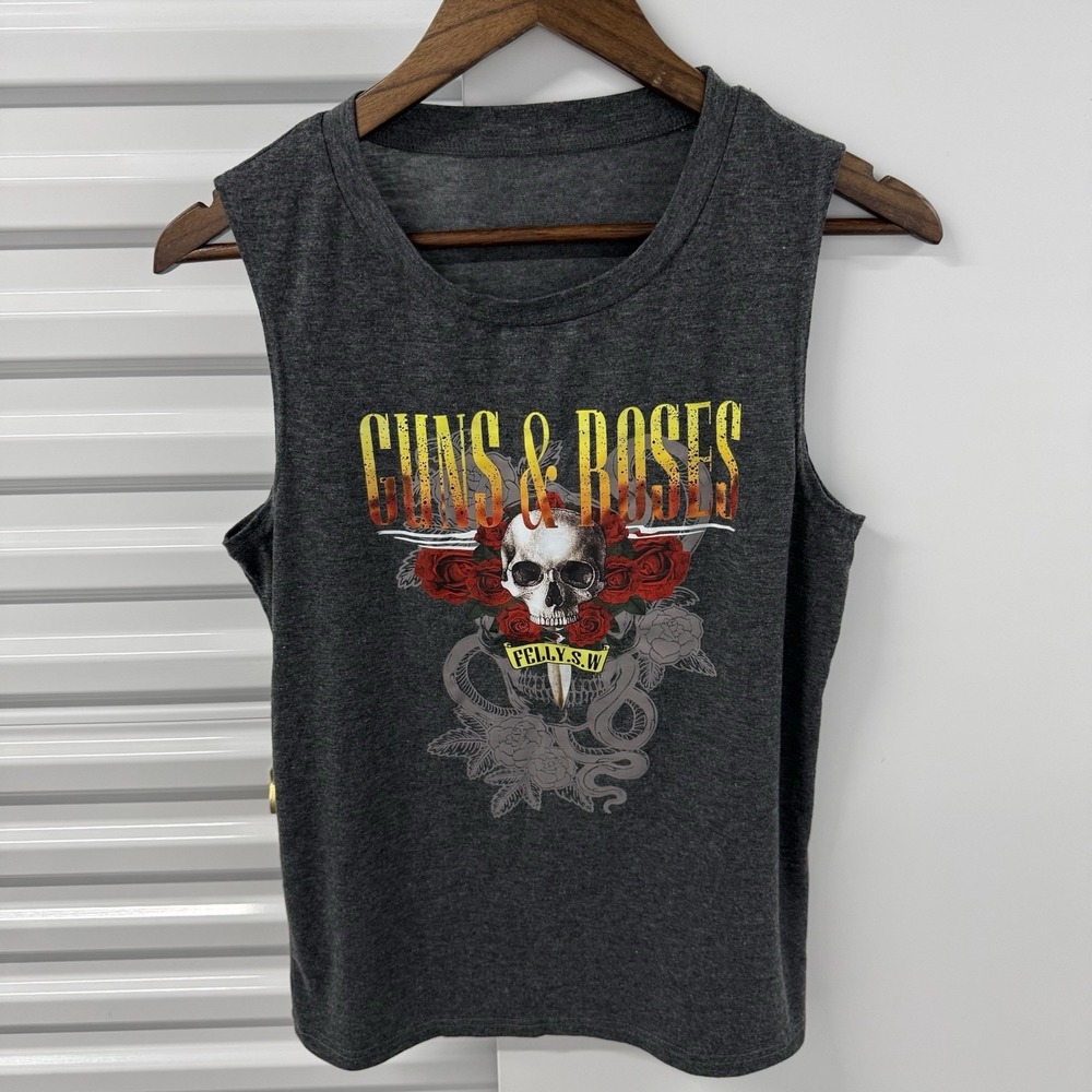 Guns N‎ Roses Skull Roses Graphic Cut Off Tank Top Rock Band Tee Gray Mens M